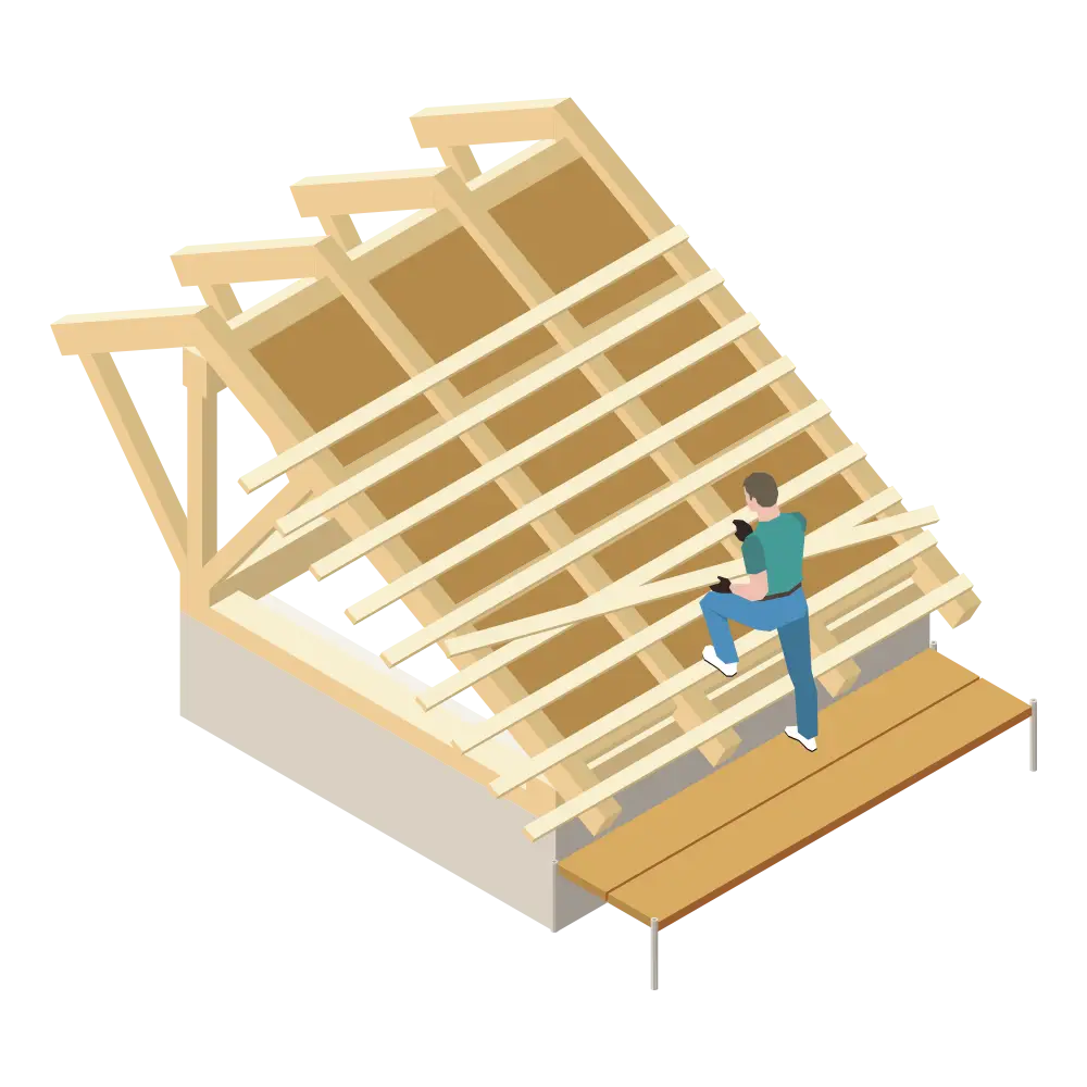 Worker installing roof rafters and decking during a replacement