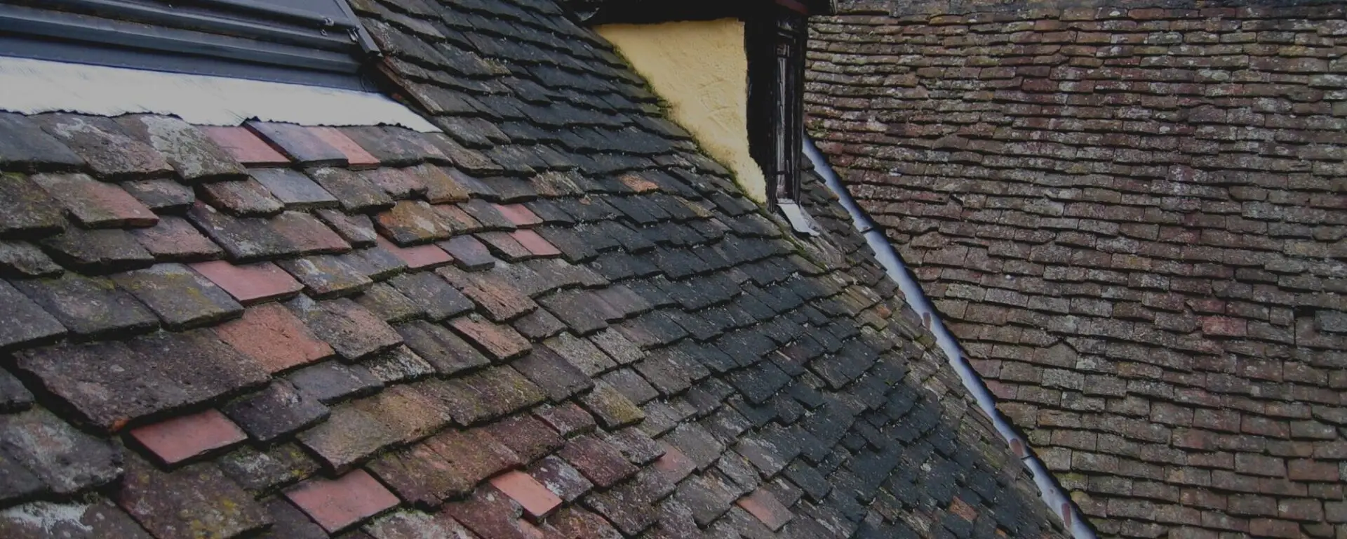 Mixed clay and slate roof tiles showing varied colors and weathering patterns