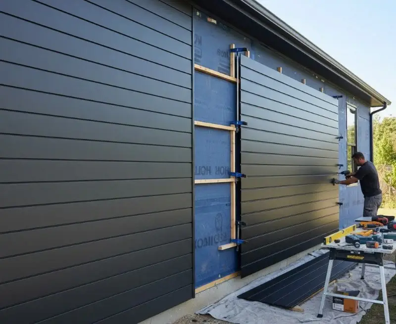 Worker installing modern black metal horizontal siding panels